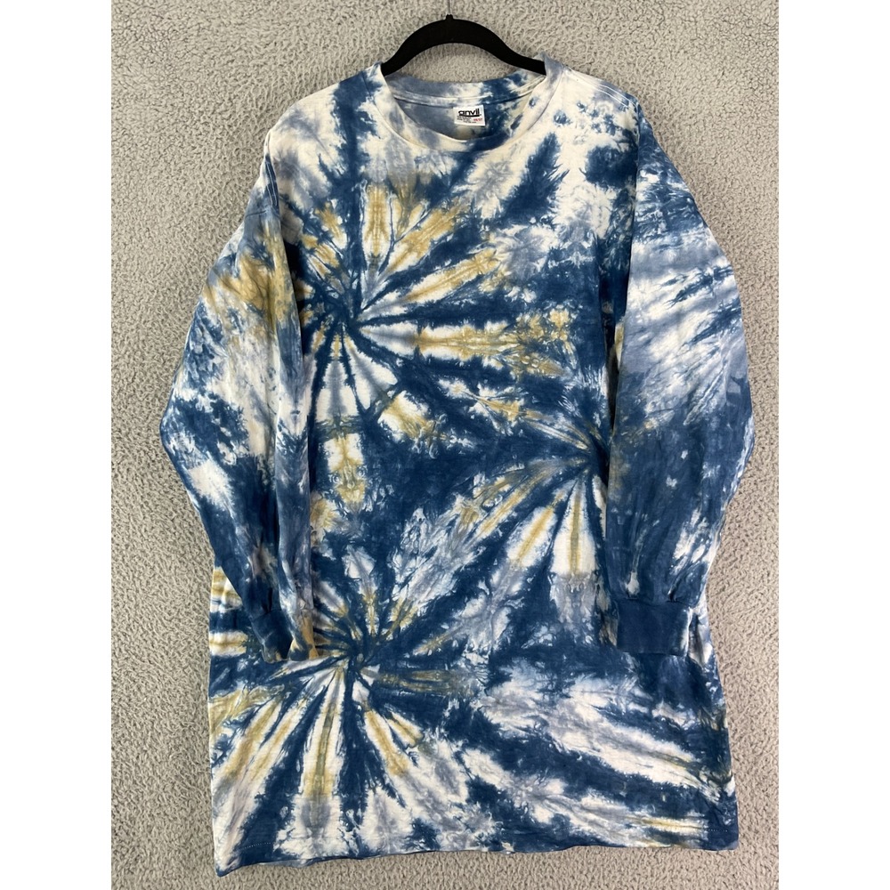 Anvil Tie Dye T-Shirt Dress Womens OS Blue Spiral Long Sleeve Cotton USA Made